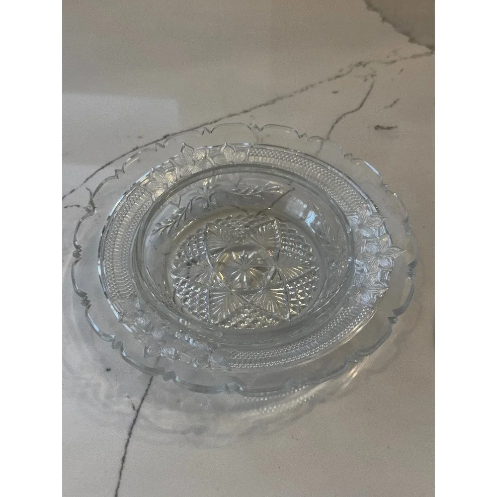 Vintage Clear Federal‎ Glass Round Butter Dish with Floral Scalloped Rim & Dome